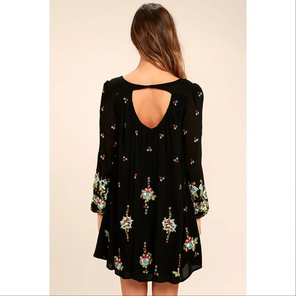 Free People Oxford Black Embroidered Swing Dress Large Boho Festival Coachella - Picture 4 of 15
